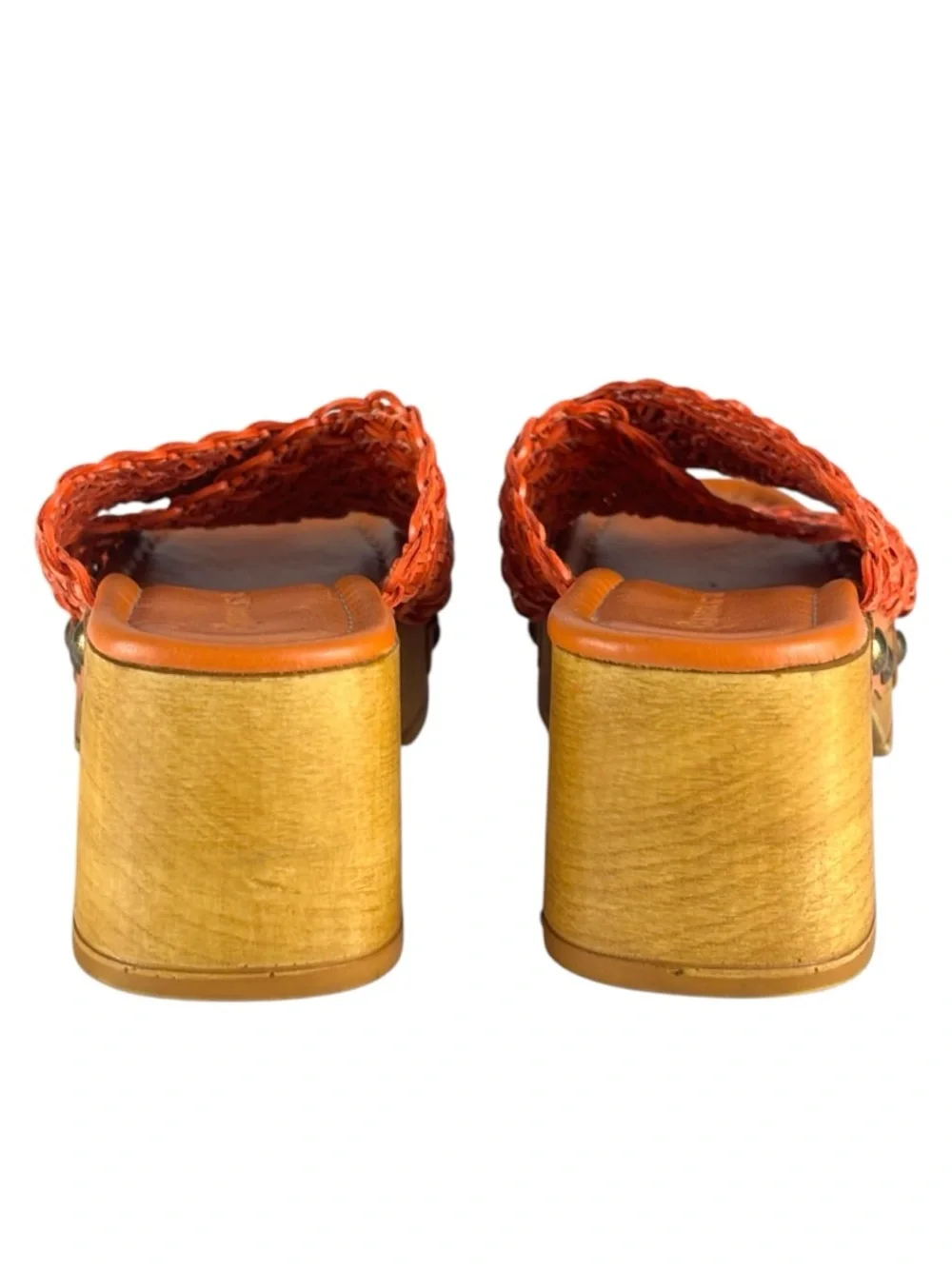 CHOCOLAT BLU DAWN ORANGE RAFFIA WOVEN STUDDED WOOD PLATFORM SLIDE SANDAL